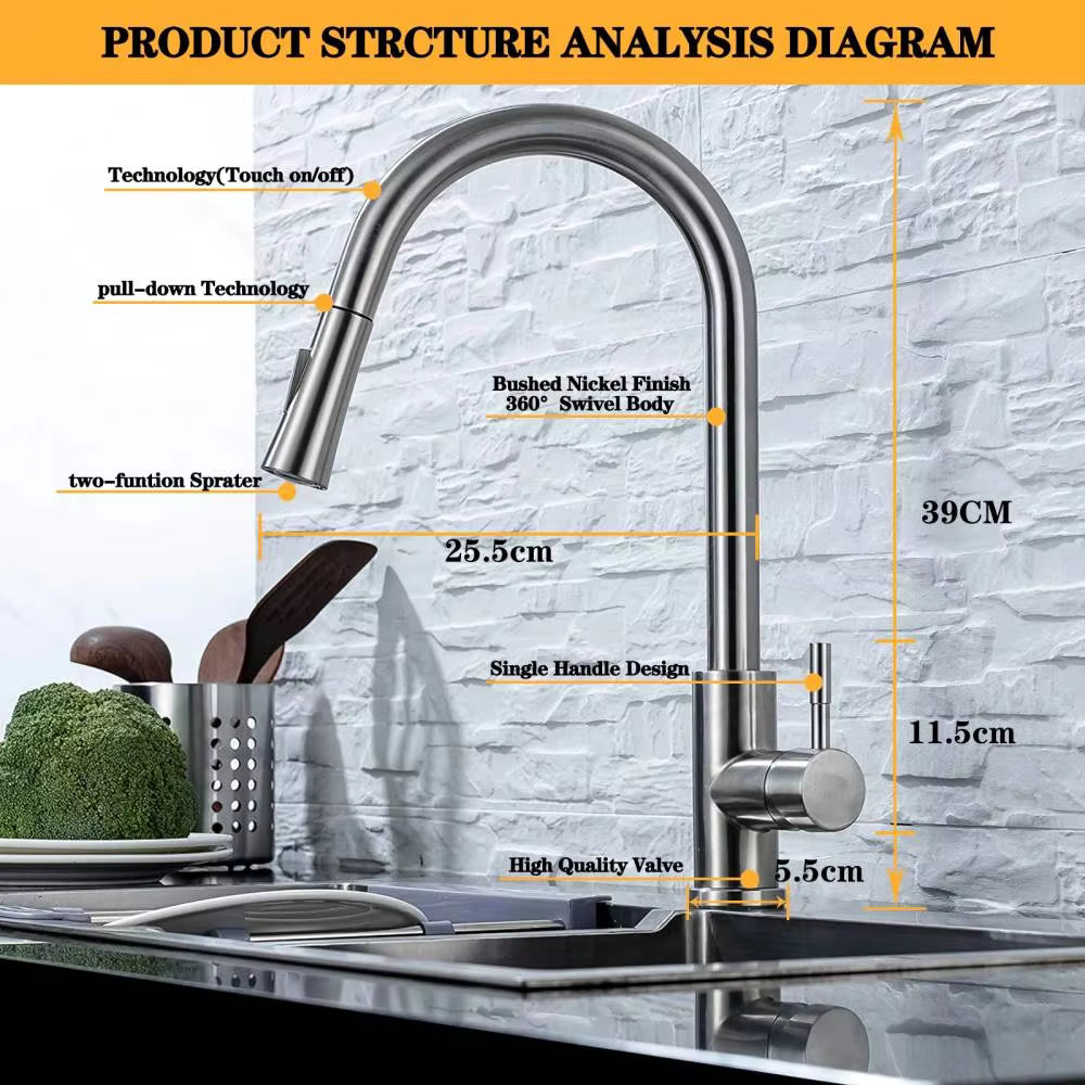 Touch Kitchen Faucet Pull Out Brushed Nickle Sensor Stainless Steel Black Smart Induction Mixed Tap Touch Control Sink Tap